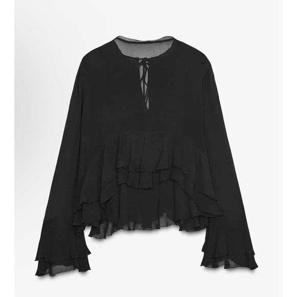 Zara Tops - Zara‎ Sheer Black Flowy Fit Ruffled Hem Size Medium